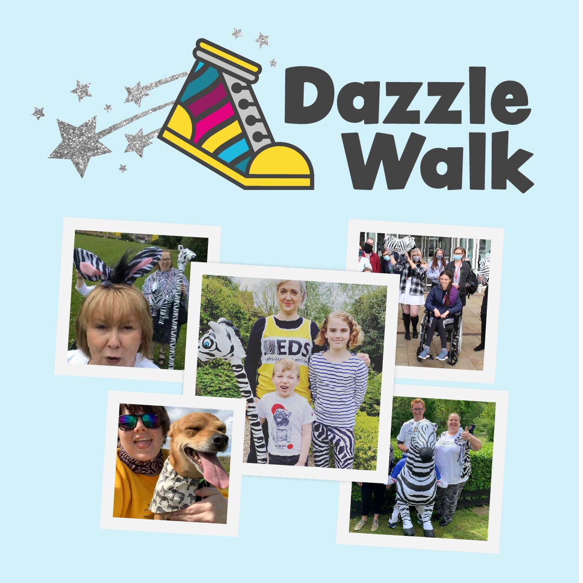 Dazzle Walk logo and images of people dressed in zebra stripes