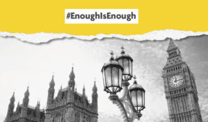 parliament in black and white with the words #EnoughIsEnough written above