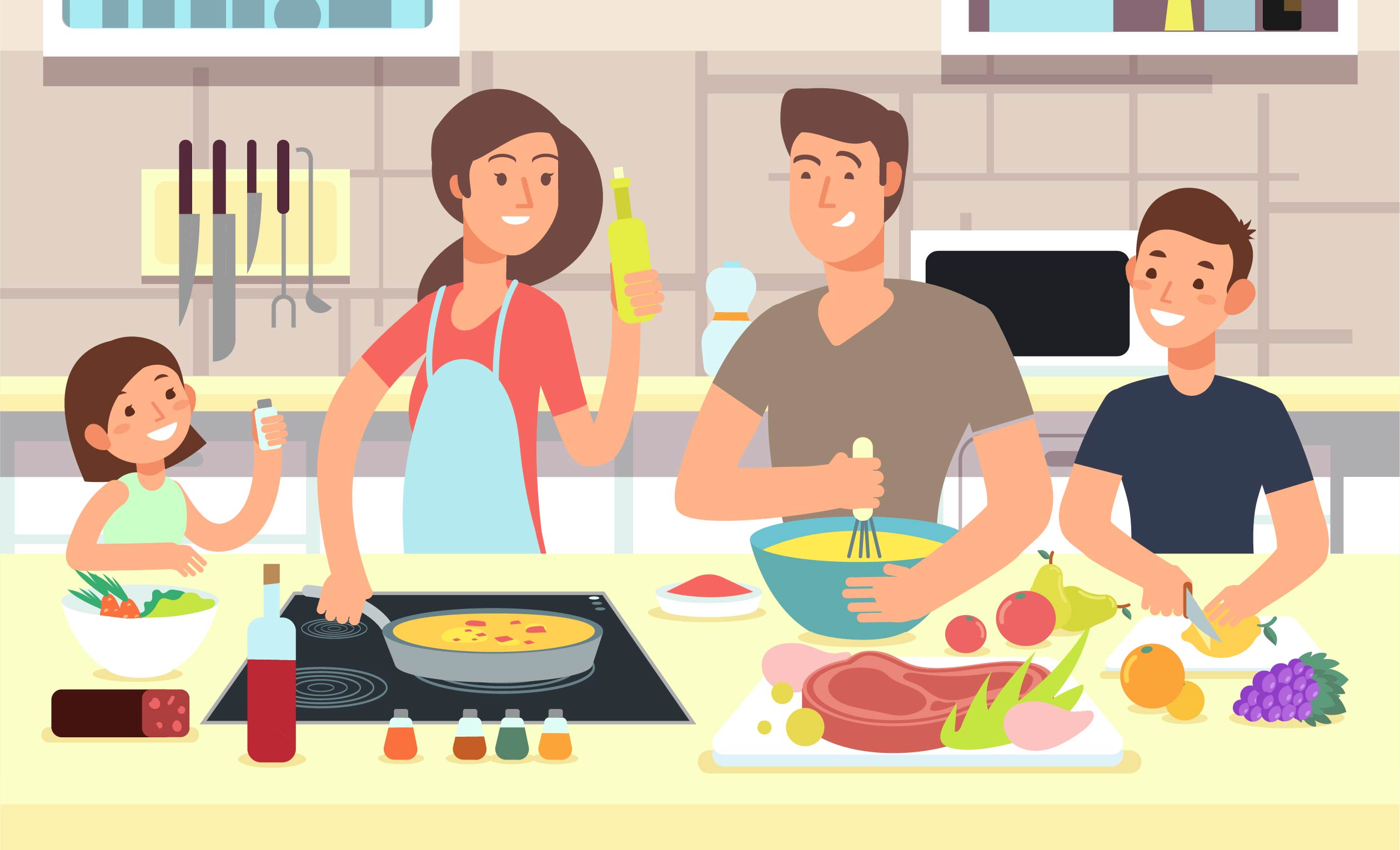 Family preparing food in the kitchen